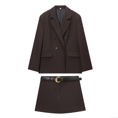 Women Dark Brown Double Breasted Blazer And Matching Skort With Belt Set Professional Office Business Suits Long Sleeve Padded Shoulder Blazer Casual Streetwear Outfit