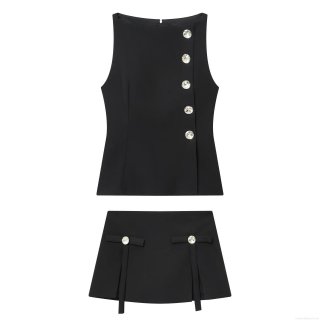 Elegant Women Black Sleeveless Top and Bow Decoration Skort Set Polyester Crystal Buttons Two-Piece Outfit for Summer Office Lady Party Casual Wear