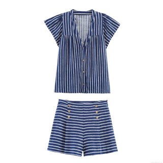 Women's Two Piece Linen Blend Striped Set V Neck Short Sleeve Flutter Sleeve Shirt And High Waisted Shorts Casual Summer Beach Vacation Streetwear Outfits