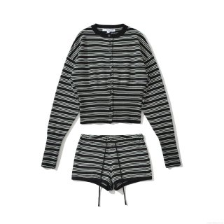 Women Striped Knit Two Piece Set Casual Long Sleeve Button Down Cardigan Sweater And Drawstring Shorts Loungewear Outfits Streetwear For Women