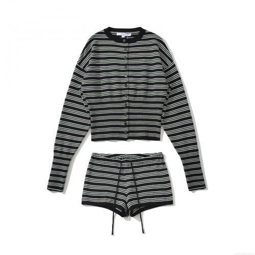 Women Striped Knit Two Piece Set Casual Long Sleeve Button Down Cardigan Sweater And Drawstring Shorts Loungewear Outfits Streetwear For Women
