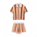 Women's Retro Hollow Out Crochet Knit Two Piece Set Multi-Color Contrast Stripe Short Sleeve Polo Shirt And Shorts Casual Holiday Beach Vacation Co-ords Outfits