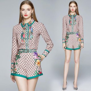 Women's Elegant Floral Printed Two-Piece Set Polyester Long Sleeve Lapel Shirt And High Waist Shorts Commute Outfit With Belt For Women