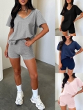 Women's Two Piece Casual Lounge Set V Neck Short Sleeve T-Shirt And High Waist Biker Shorts Workout Tracksuit Outfit Slim Fit Polyester Spandex Sporty Commute Suit