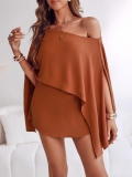 Women's Elegant Off-Shoulder Two-Piece Set Asymmetric Slit Sleeve Top And High Waist Shorts Solid Color Summer Vacation Commuter Skirt Set With Belt