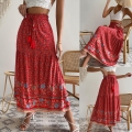 Women Bohemian Floral Print Maxi Skirt High Waist Tiered A-Line Swing Skirt With Tassel Drawstring For Summer Beach Vacation Holiday Daily Wear