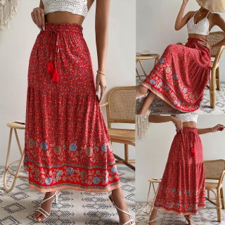 Women Bohemian Floral Print Maxi Skirt High Waist Tiered A-Line Swing Skirt With Tassel Drawstring For Summer Beach Vacation Holiday Daily Wear