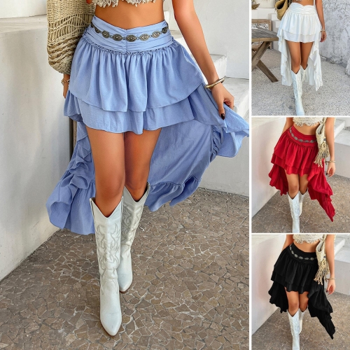 Women's Bohemian High Low Ruffle Skirt Layered Tiered Mini Skirt Solid Color Summer Beach Vacation Fashion Leisure Irregular Hem Skirts