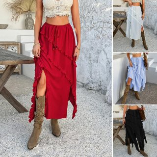Women Bohemian Ruffled Midi Skirt 100% Polyester High Slit Asymmetrical Hem Drawstring Elastic Waist Casual Vacation Beach Long Skirt