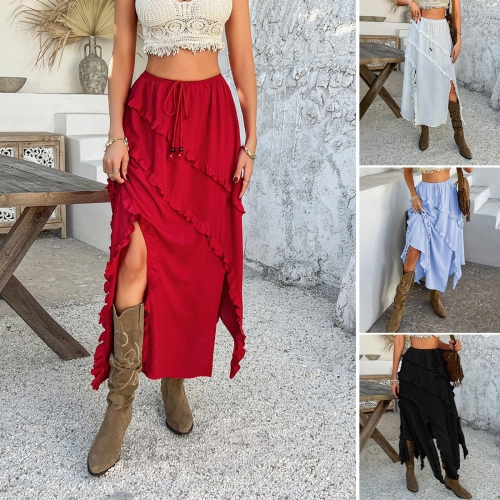 Women Bohemian Ruffled Midi Skirt 100% Polyester High Slit Asymmetrical Hem Drawstring Elastic Waist Casual Vacation Beach Long Skirt
