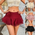 Bohemian Ruffle Mini Skirt Women High Waist 3D Flower Decoration Tiered Woven Skirt Vacation Beachwear Solid Color Summer Casual Short Skirt Sweet Chic