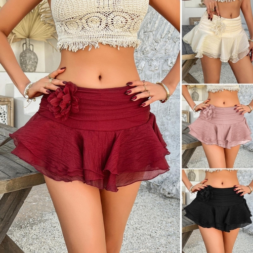 Bohemian Ruffle Mini Skirt Women High Waist 3D Flower Decoration Tiered Woven Skirt Vacation Beachwear Solid Color Summer Casual Short Skirt Sweet Chic