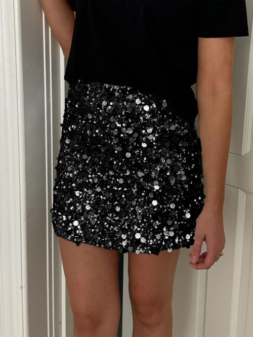 Women's Elegant Sequin Bodycon Mini Skirt Glitter Sparkly High Waisted Polyester Elastane Short Skirt For Party Club Night Out Evening