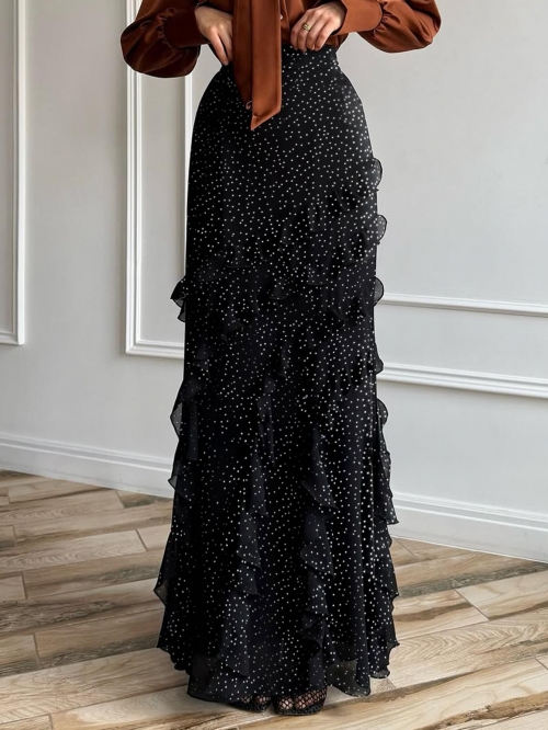 Elegant Polka Dot Ruffle Tiered Maxi Skirt For Women High Waist Polyester Long Skirt Casual Vacation Beach Holiday Wear