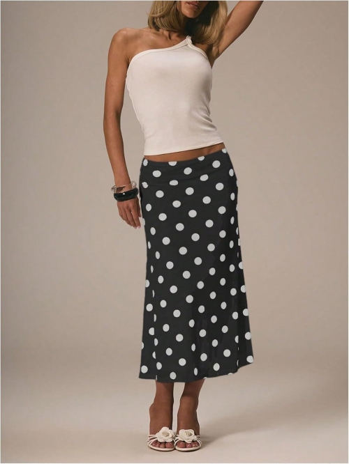 Women Elegant Polka Dot Mesh Maxi Skirt High Waist Slim Fit Bodycon Long Skirt Lightweight Contrast Color Office Daily Commute Skirt