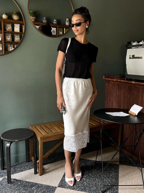 Elegant Women Satin Midi Skirt With Lace Hem Patchwork Solid Color A-Line Silk Like Skirt For Office Daily Streetwear