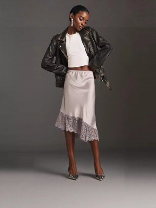 Women's Elegant Satin Midi Skirt With Lace Patchwork High Waist Asymmetrical Hem Polka Dot Print Commuter Straight Skirt For Party Daily