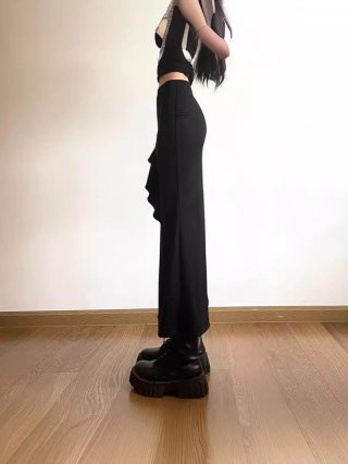 Women Sexy Gothic Black Split Midi Skirt Irregular Ruffle Hem Lace Up Bodycon Skirt For Hot Girl Summer Streetwear Clubwear