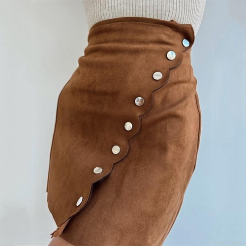 Sexy High Waist Suede Mini Skirt Women Autumn Winter Streetwear Single Breasted Metal Button Asymmetric Wave Edge Bodycon Skirt