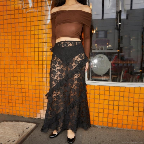 Women's Sexy Lace Sheer Maxi Skirt With Ruffles Y2K Floral Splicing High Waist Transparent Long Skirt For Party Club Streetwear
