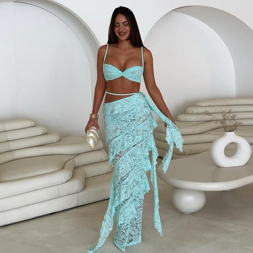 Women's Sexy Polyester Lace Maxi Skirt High Waist Irregular Layered Ruffle Hem Tiered Cake Skirt For Summer Beach Vacation Party Clubwear