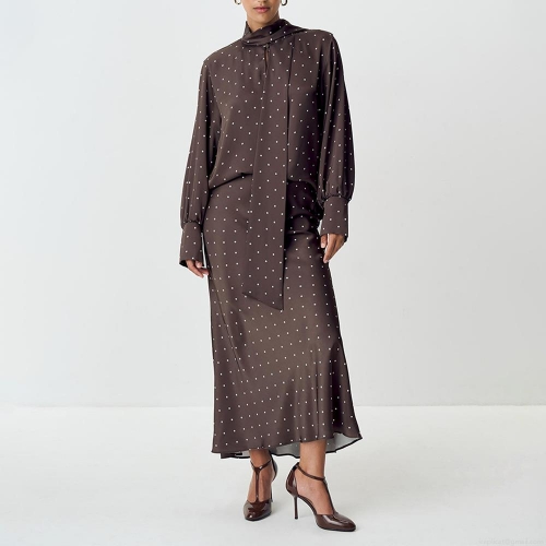 Women French Vintage Polka Dot Midi Skirt High Waist A-Line Satin Silk Texture Long Skirts Sexy Streetwear Casual Party Wear Skirts For Women