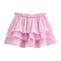 Women's Sweet Pink Tiered Ruffle Cake Skirt High Waist Elastic Solid Color Polyester Lightweight Skort Skirt for Girls Ladies Summer Casual Party