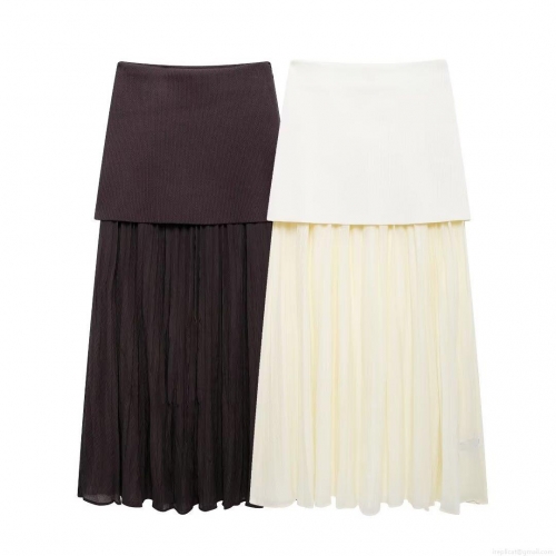 Women's Elegant Solid Color Pleated Patchwork Long Skirt High Waist Mesh Chiffon Skirt With Zipper For Commute Daily Wear