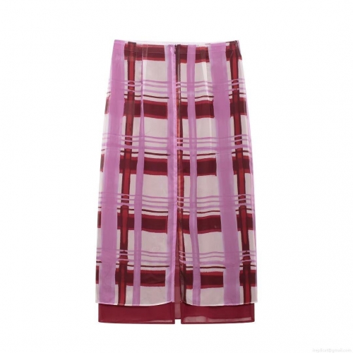 Women's Sweet Plaid Bodycon Long Skirt 100% Polyester Mesh Grid Double Layer Chiffon Pencil Skirt for Casual Party Daily Wear High Waist Zipper Skirt