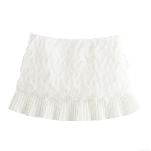 Women's Pleated Mini Skirt Ruffle Lace Patchwork Low Waist 3D Flower Solid White Polyester Short Skirt for Daily Party Vacation Sweet Style Ladies Bottoms
