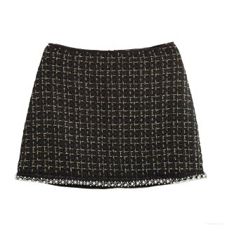 Women's Elegant Black Gold Tweed A-Line Mini Skirt With Pearl Rhinestone Trim High Waisted Tweed Skirt For Party Lady Office