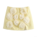 Sweet Chanel Style Yellow Plaid Tweed Mini Skirt With 3D White Flower Applique Elegant Women Bodycon Short Skirt Evening Party Clothing