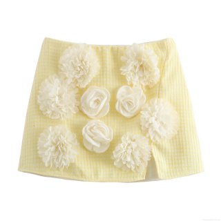 Sweet Chanel Style Yellow Plaid Tweed Mini Skirt With 3D White Flower Applique Elegant Women Bodycon Short Skirt Evening Party Clothing