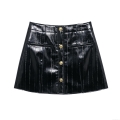 Women's A-Line Mini Skirt Glossy Faux Leather Black PU Crocodile Pattern Gold Buttons High Waist Temperament Commute Retro Short Skirt
