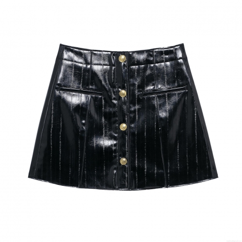 Women's A-Line Mini Skirt Glossy Faux Leather Black PU Crocodile Pattern Gold Buttons High Waist Temperament Commute Retro Short Skirt
