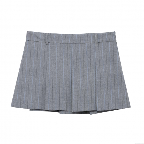 Women Academy School Style Pleated Mini Skirt 100% Polyester Pinstripe High Waist Short Skirt For Women Girls Daily Casual Grey Blue Stripes
