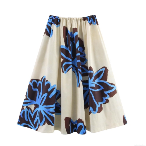 Elegant Floral Print Midi Skirt Women Polyester A-Line High Waist Large Hem Chic Brushstroke Half Skirt For Commute Party Summer Casual
