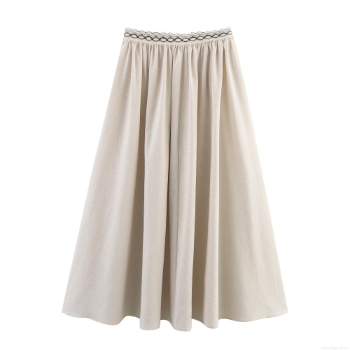 Women's A-Line Long Maxi Skirt Vacation Style Cotton Linen Feel Skirt with Embroidered Waistband Beige Solid Color High Waist Skirt for Women