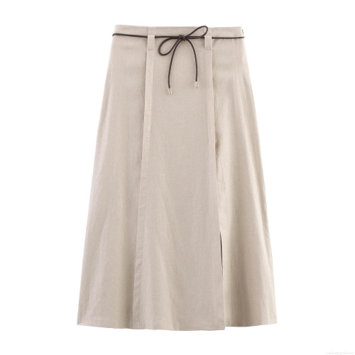 Women's Solid Color A-Line Midi Skirt With Waist Belt Elegant Linen-Like Polyester Casual Long Skirt For Daily Vacation Simple Style