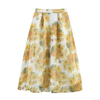 Women Vintage Sunflower Oil Painting Print Organza Polyester Maxi Skirt Elegant Palace Style High Waist A-Line Pleated Long Skirt For Summer Beach Vacation