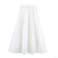 Women's Elegant High Waist White Lace A-Line Midi Skirt With Belt Wave Texture Embroidery Semi-Sheer Mesh Skirt For Commuting Office Summer