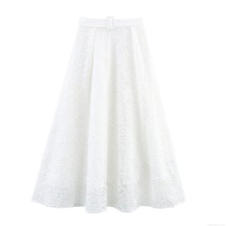 Women's Elegant High Waist White Lace A-Line Midi Skirt With Belt Wave Texture Embroidery Semi-Sheer Mesh Skirt For Commuting Office Summer