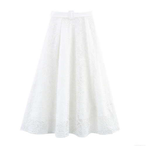 Women's Elegant High Waist White Lace A-Line Midi Skirt With Belt Wave Texture Embroidery Semi-Sheer Mesh Skirt For Commuting Office Summer