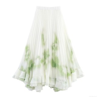 Women Bohemian Pleated Chiffon Maxi Skirt Elegant Green Ink Wash Print Ruffle Hem Elastic High Waist A-Line Polyester Long Skirt For Summer Vacation Party