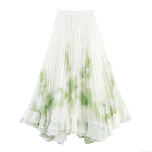 Women Bohemian Pleated Chiffon Maxi Skirt Elegant Green Ink Wash Print Ruffle Hem Elastic High Waist A-Line Polyester Long Skirt For Summer Vacation Party