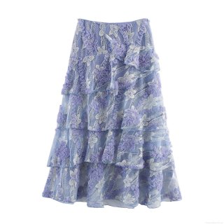 Women's Bohemian Embroidered Mesh Tiered Maxi Skirt Luxury 3D Flower Decoration Lace High Waist Cake Skirt for Beach Holiday Vacation Party Lady