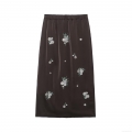 Women's Elegant Satin Midi Skirt With White Flower Embroidery Sequins Beaded Decoration Elastic Mid-Waist Straight Skirt For Autumn Daily Party