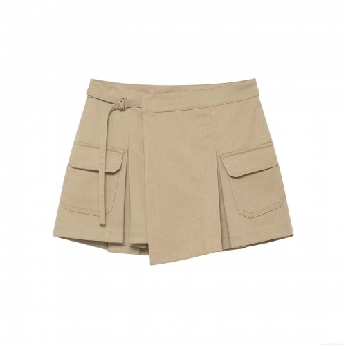 Women's Khaki Cargo Mini Skirt Wrap High Waist A-Line Skirt With Large Pockets And Metal Buckle Belt Asymmetric Streetwear Casual Short Skirt