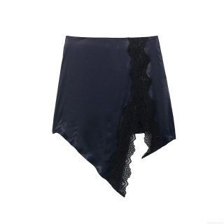 Women Sexy Satin Asymmetrical Mini Skirt With Lace Patchwork Elegant Navy Blue Silky High Waist Short Skirt For Party Club Evening Fashion Streetwear