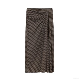 Women's Retro Plaid Midi Skirt Ruched Side High Waist Polyester Checkered Straight Pencil Skirt For Women Streetwear Daily Wear Classic Brown Black Skirt